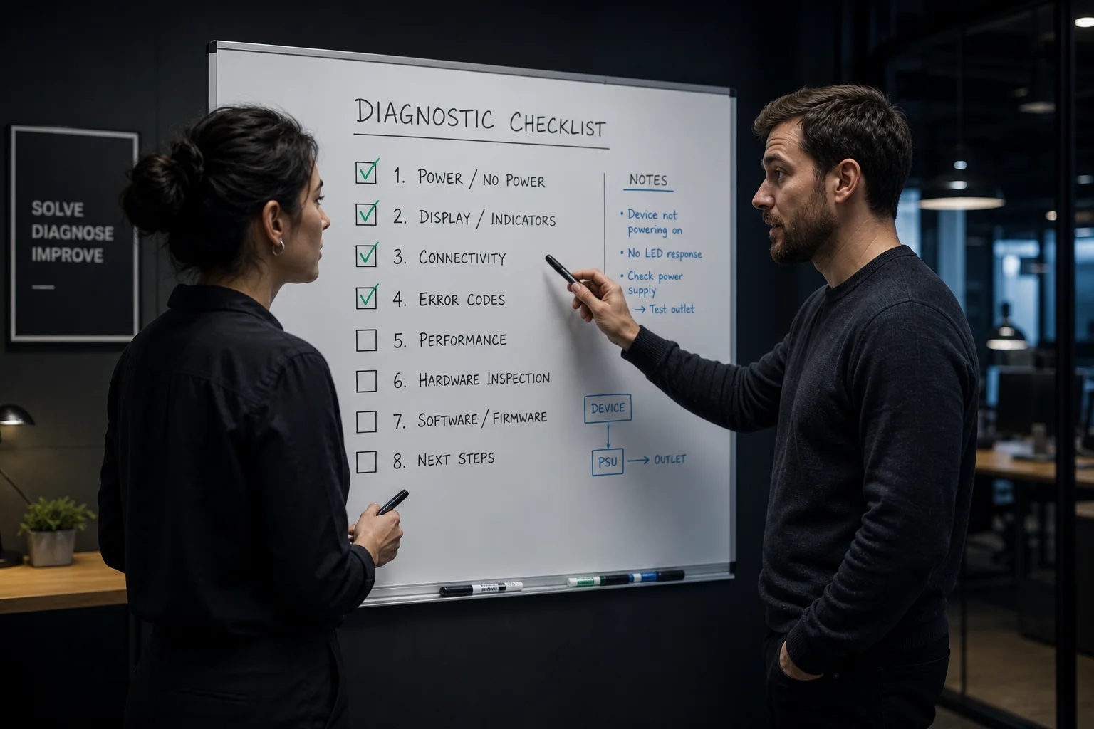 Kollegen besprechen Diagnose-Checkliste an einer Tafel