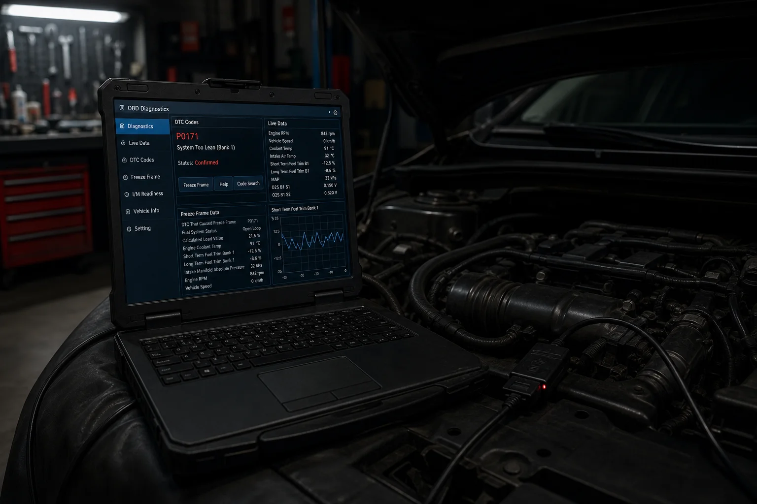 Computerdiagnose mit OBD-Gerät am Fahrzeug in dunkler Werkstatt