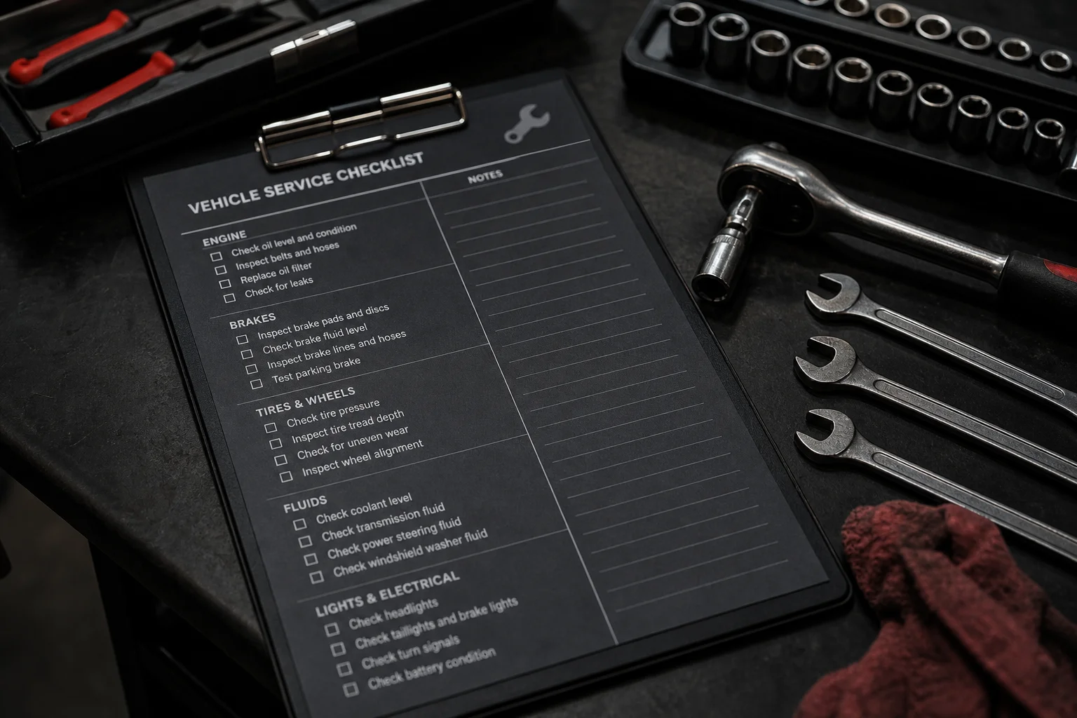 Service-Checkliste und Werkzeug auf dunklem Werktisch